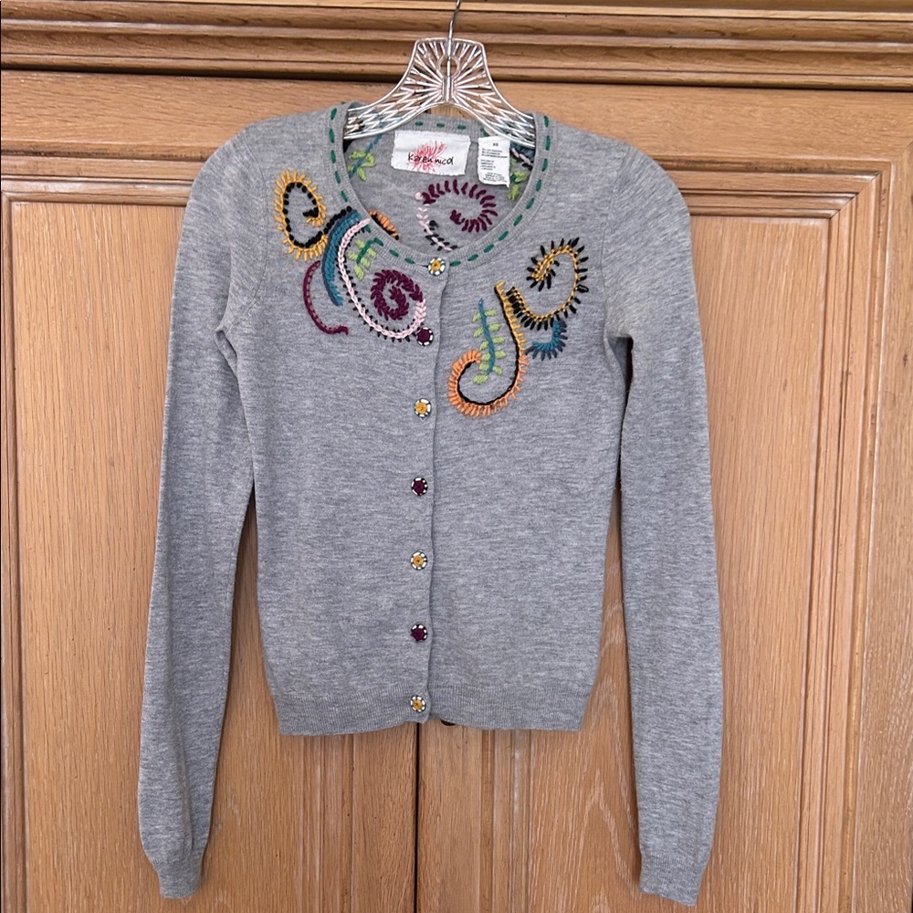 Anthropologie Gray Cardigan with Multicolor Embroidery